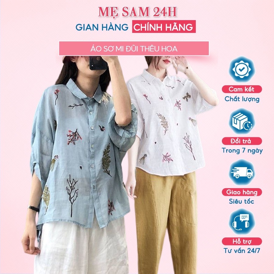 Áo sơ mi nữ trung niên cổ đức tay lỡ thêu hoa Mẹ Sam 24h chất liệu đũi tơ mềm mát SMH.55