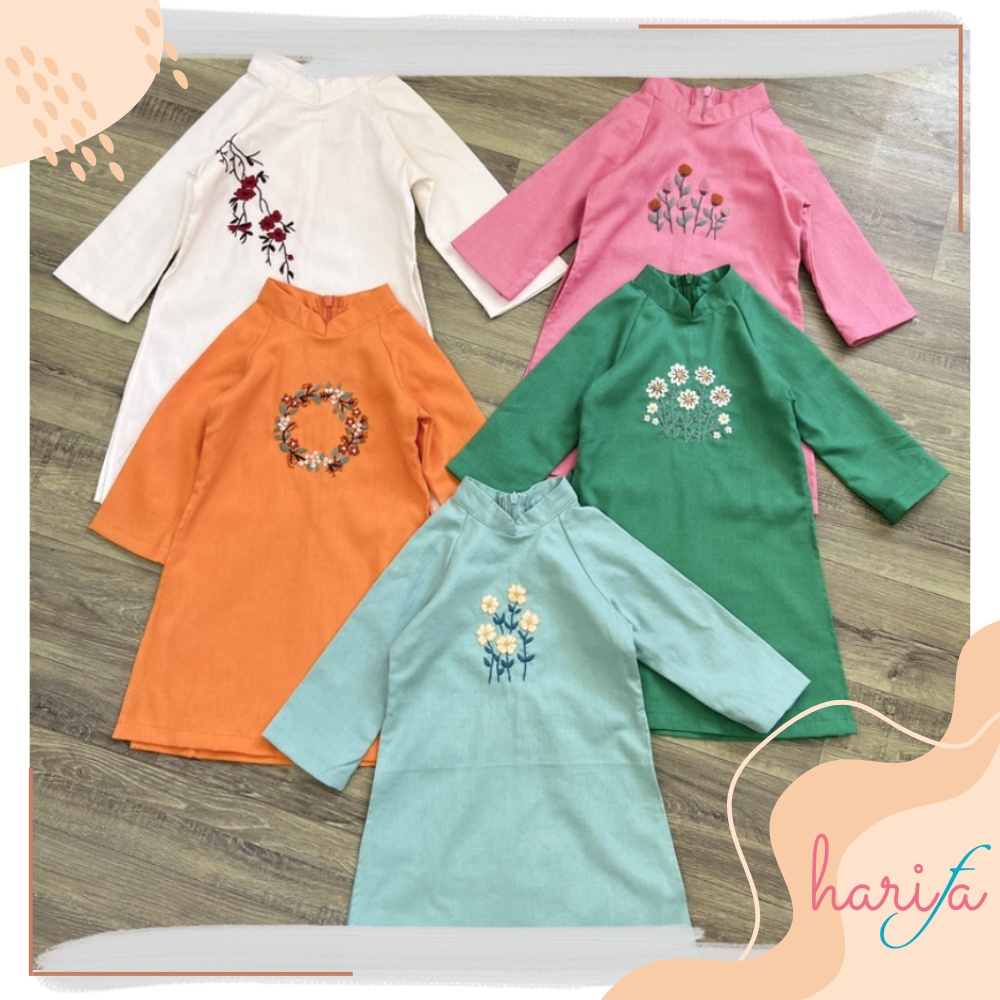 BADT010 Áo dài bé gái - chất liệu linen thêu tay - họa tiết hoa - 1-6 tuổi