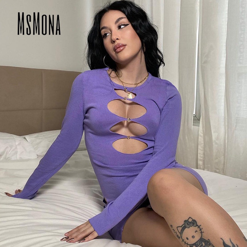 MsMona Đầm Mini Tay Dài Màu Trơn Thời Trang 2022 Quyến Rũ Cho Nữ