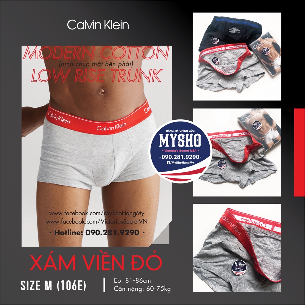 Quần lót CK Nam - Modern Cotton Low Rise Trunk, Quần xám lưng màu đỏ