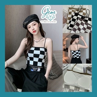 Áo hai dây nữ có mút ngực kiểu dáng croptop kẻ ô caro đen trắng siêu xinh Gem Lin