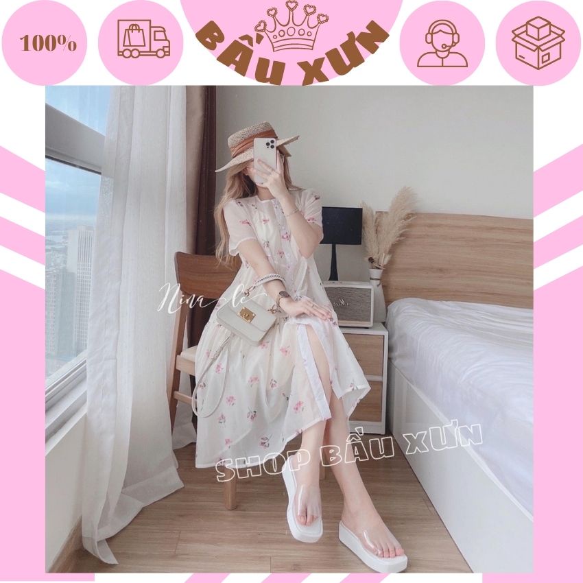 ĐẦM BẦU XINH KIỂU DÁNG HÀN QUỐC VỚI HỌA TIẾT HOA NHẸ NHÀNG- VÁY BẦU TRẺ THIẾT KẾ CÚC THẬT DÁNG ĐẸP