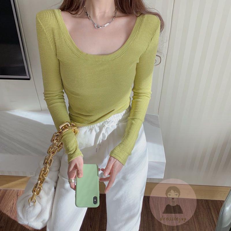 Áo Thun Croptop Dệt Kim Tay Dài Màu Sắc Đơn Giản Cho Nữ