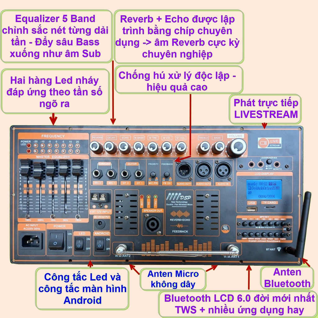 Mạch loa kéo 500W Reverb chống hú DSP Livestream Equalizer 5 Band  dùng 4 tay micro