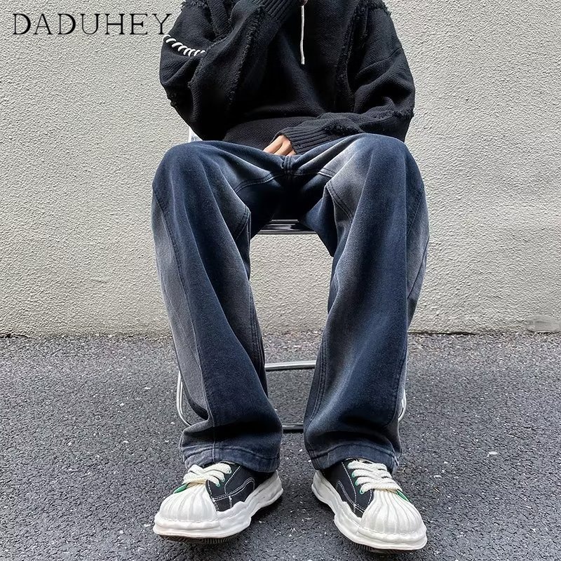 DaDuHey Men's 2022 New High Street Fashion Hip Hop Cool Trendy Jeans Hong Kong Style Ins Fashionable Handsome Retro Washed Casual Pants