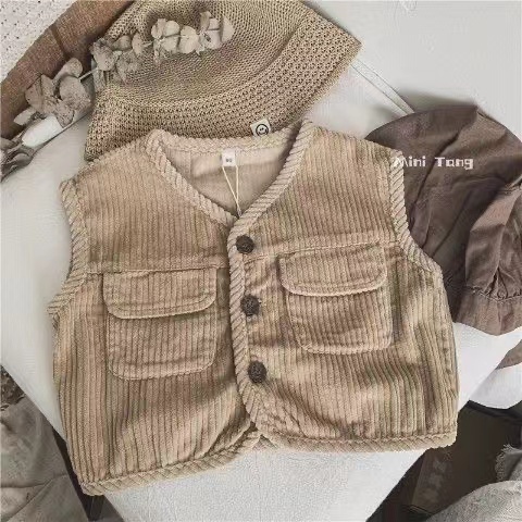 Áo Vest Nhung Phối Túi Phong Cách Retro Thời Trang Xuân Thu Cho Bé