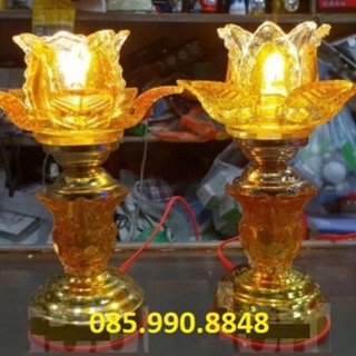 Đèn thờ cúng led pha lê cao cấp , Đèn thờ hoa sen pha lê dùng điện cao 20cm