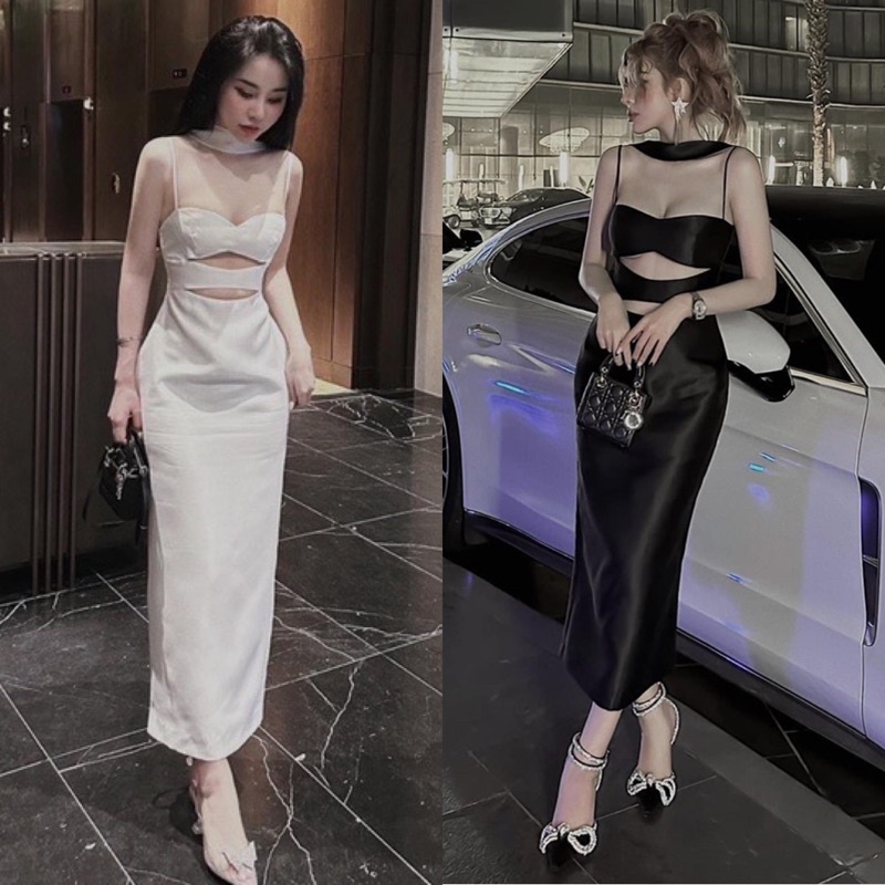 ĐẦM 2 DÂY TRẮNG ĐEN CUT-OUT NGỰC BỤNG