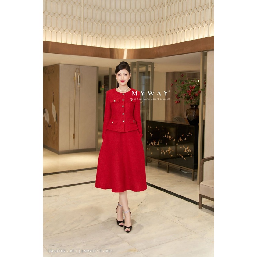 Set Áo Vest Và Chân Váy Nữ My Way Dạ Tweed Đính Cúc Sang Chảnh 6MV0209 - 6MCX0218 Đỏ1