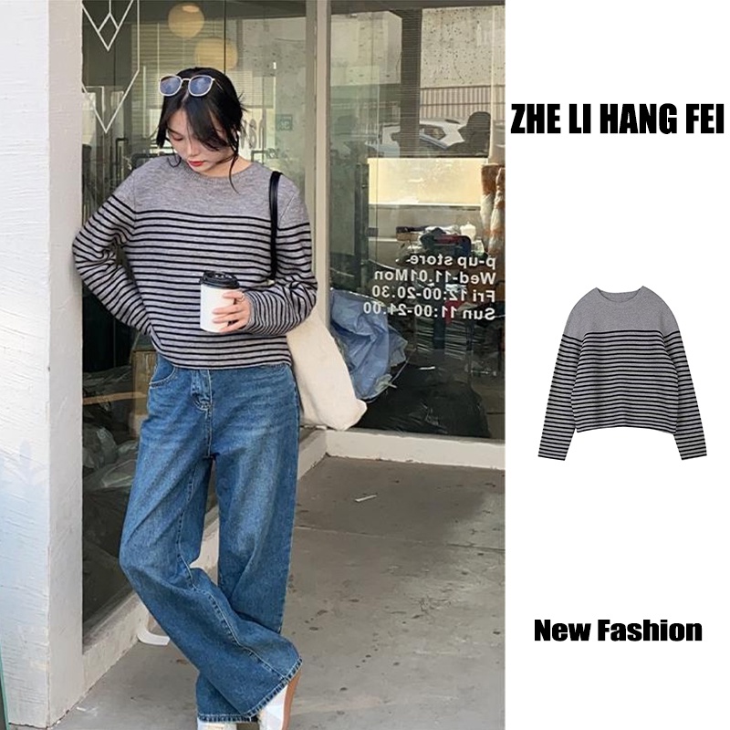 Áo len ZHELIHANGFEI tay dài cổ tròn dáng rộng họa tiết kẻ sọc phong cách retro xinh xắn dễ phối đồ