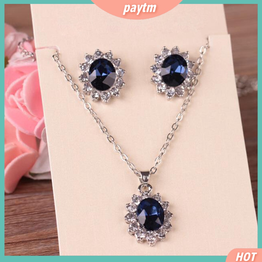 (PTM) Bộ dây chuyền + khuyên tai đính đá Sapphire sang trọng