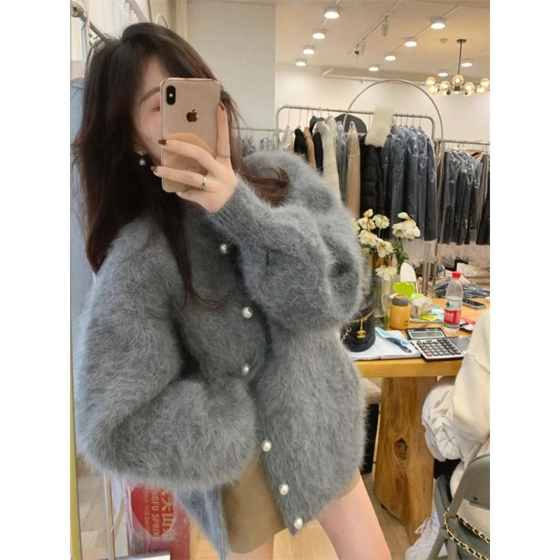 Áo Khoác Cardigan Lông Xù Cổ Tròn Dáng Rộng Màu Xám Thời Trang Thu Đông Mới Cho Nữ