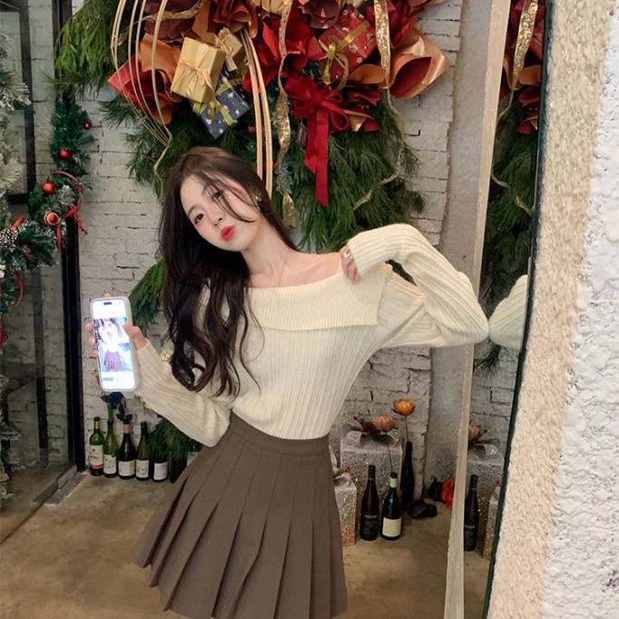 [MURIOKI] Áo Sweater Trễ Vai Màu Đỏ Phong Cách Hàn Quốc Thời Trang Năm Mới Cho Nữ