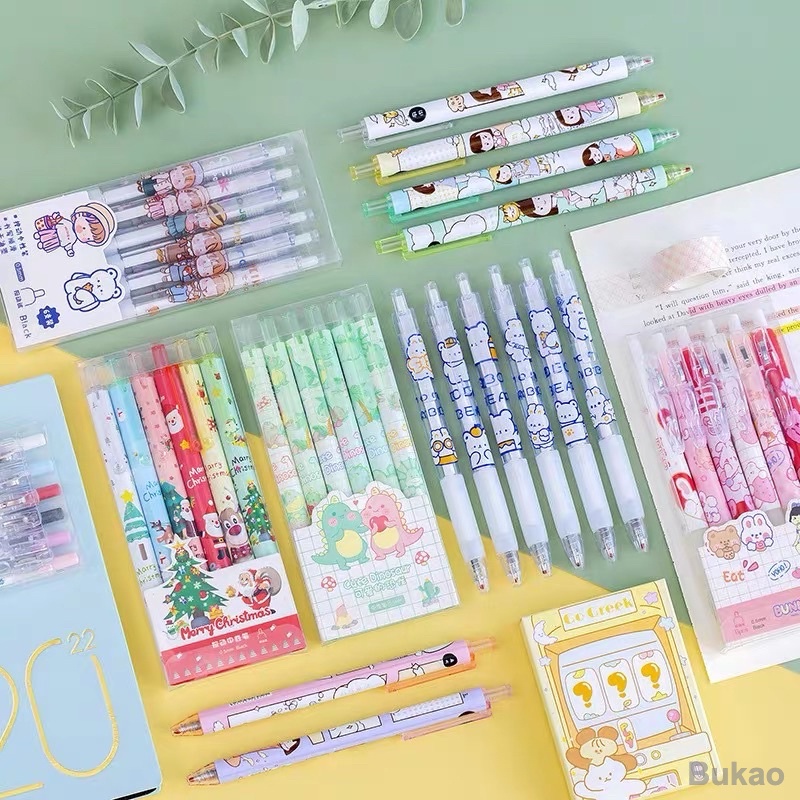 Hộp 6 bút gel bấm mực gel nhiều hoạ tiết dễ thương Bukao sỉ