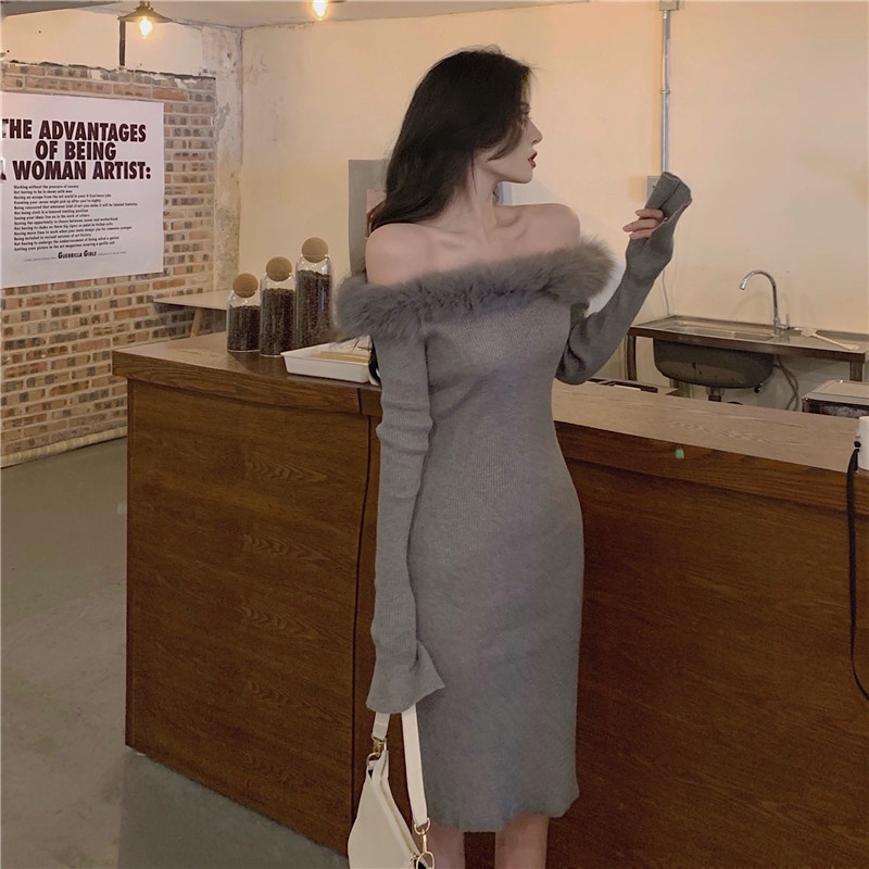 ZHELIHANGFEI Đầm Dệt Kim Tay Dài Trễ Vai Eo Cao Kiểu Dáng Trẻ Trung Quyến Rũ Cho Nữ