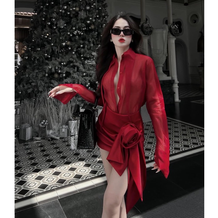 Set Ashley áo sơ mi tơ mix chân váy hoa hồng - L1 chuẩn mẫu