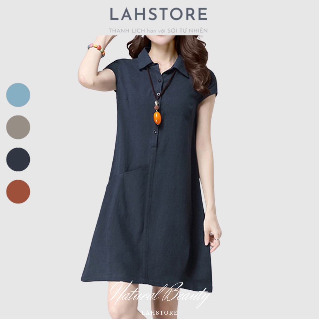 Đầm suông cổ sơ mi LAHSTORE chất đũi mềm mát thiết kế túi bên hông trẻ trung sang trọng (Xanh Than)