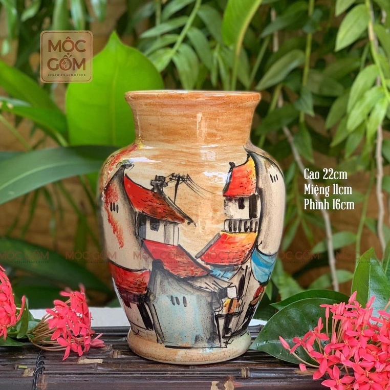 Bình gốm sứ cắm hoa Bát Tràng vẽ tay thủ công phố cổ Hà Nội trang trí nội thất đẹp Mộc Gốm MG73