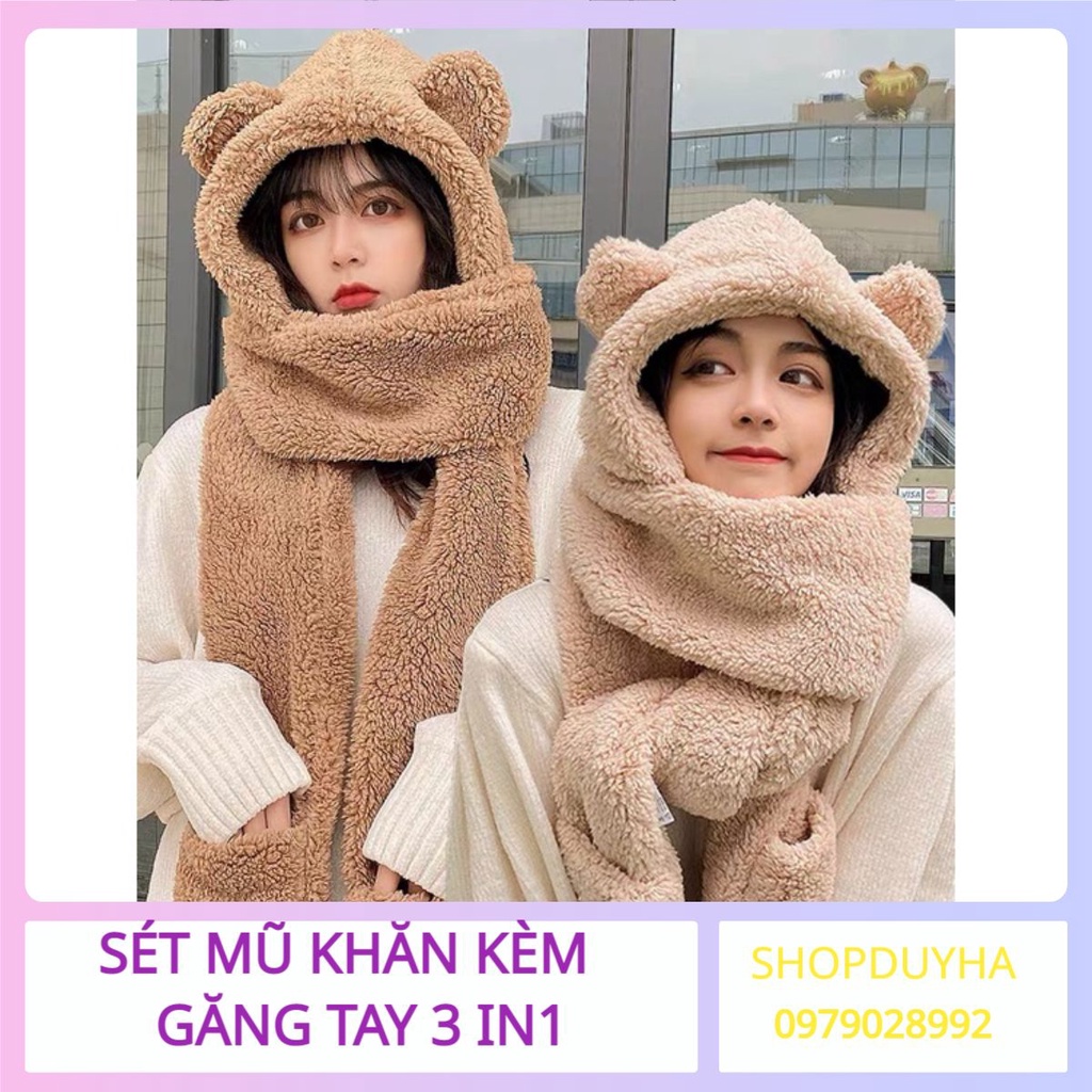 Mũ lông cừu kèm khăn, găng tay 3in1 siêu ấm