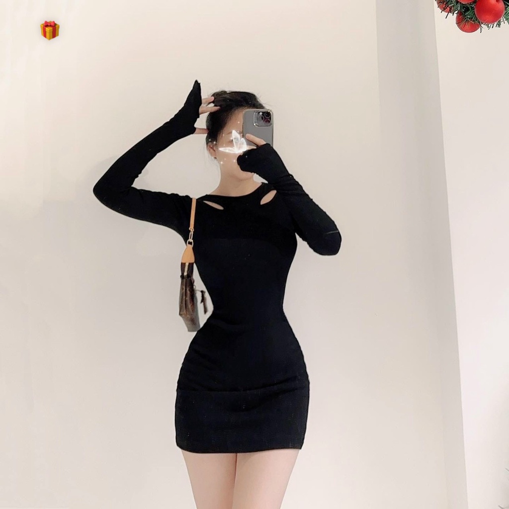 Đầm cổ tròn tay dài xỏ ngón khoét nhẹ 2 bên vai ôm body dáng ngắn trơn cực xinh , chất thun gân mềm mịn