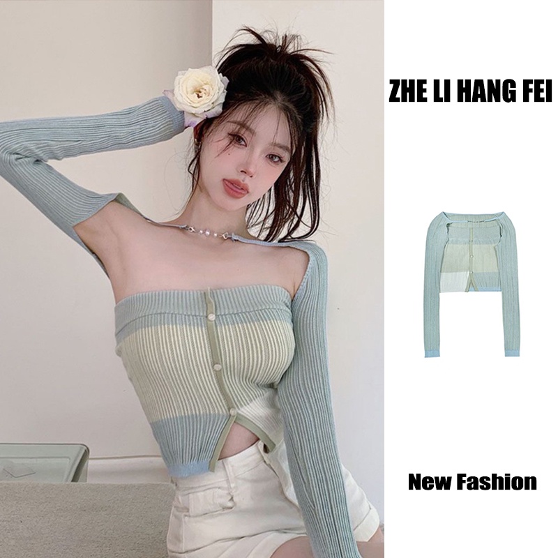 Set áo croptop ZHELIHANGFEI dệt kim 2 mảnh hở vai eo cao phong cách gợi cảm ngọt ngào