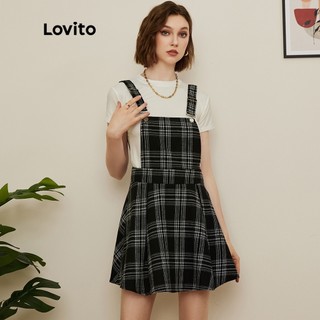 106DP-Đầm Lovito L19D028 kiểu yếm họa tiết ca rô xếp nếp phong cách preppy màu đen