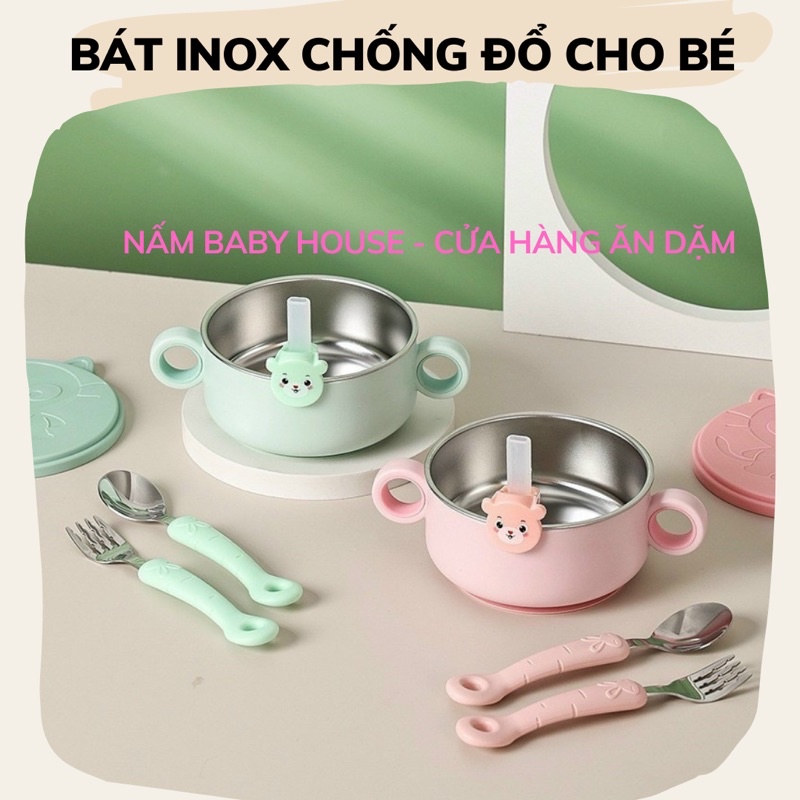 Bát inox chống đổ cho bé ăn dặm kèm thìa nĩa - xanh, hồng