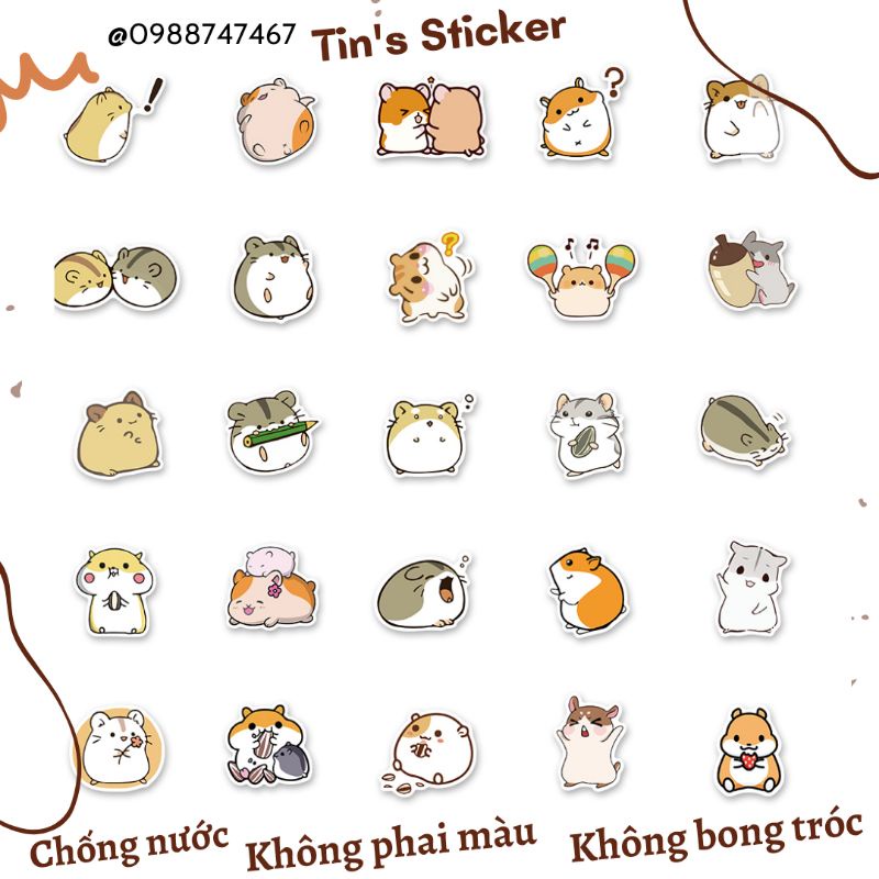 Set combo 50 miếng dán sticker Chuột Hamster đáng yêu dễ thương dán nón mũ bảo hiểm laptop vali sổ sách đàn guitar