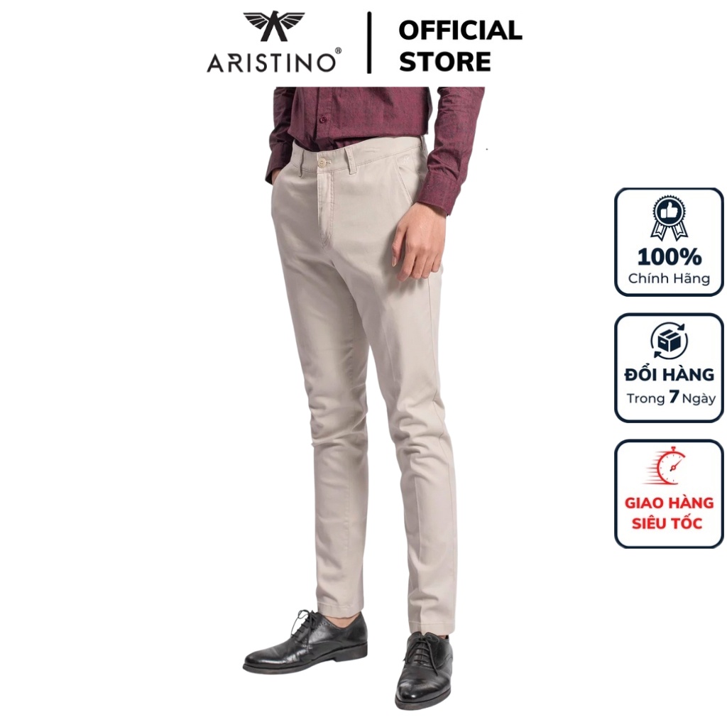 Quần dài kaki nam Aristino AKK01108 màu be trơn khaki dáng slim fit ôm nhẹ trẻ trung vải thô cotton cao cấp mềm mại