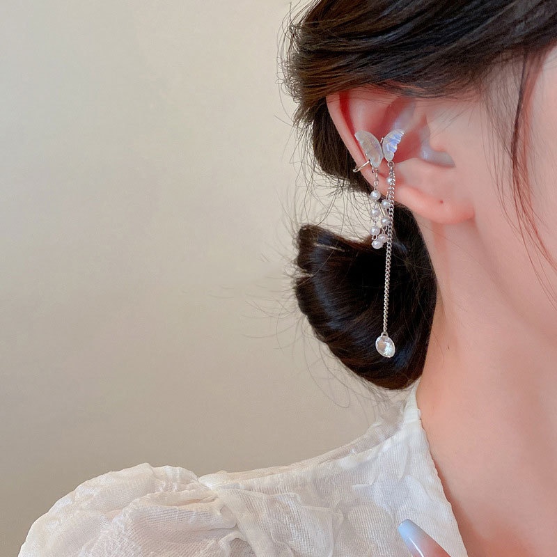 XiaoboACC Hoa Tai Dạng Kẹp Hình Bướm Đính Đá Zircon Ngọc Trai Thời Trang Hàn Quốc