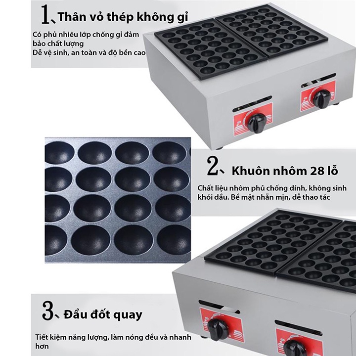 Máy làm bánh nhân bạch tuộc Takoyaki nhật bản khuôn đôi 56 viên dùng Gas
