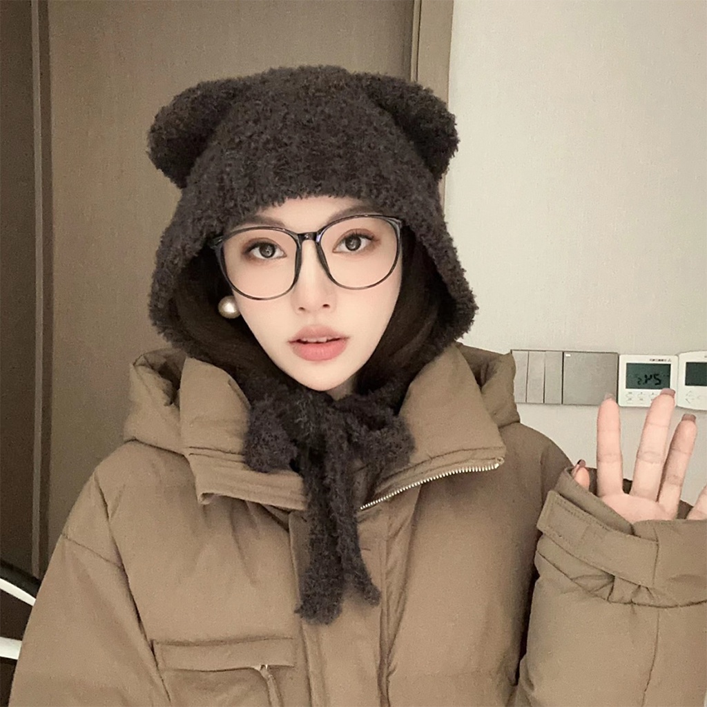 Mũ Len Dệt Kim Dày Dặn Đính Tai Gấu Dễ Thương Thời Trang Mùa Đông Cho Nữ