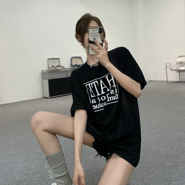 Áo thun XINLANYASHE ngắn tay dáng rộng in họa tiết thời trang Hàn Quốc cho nữ