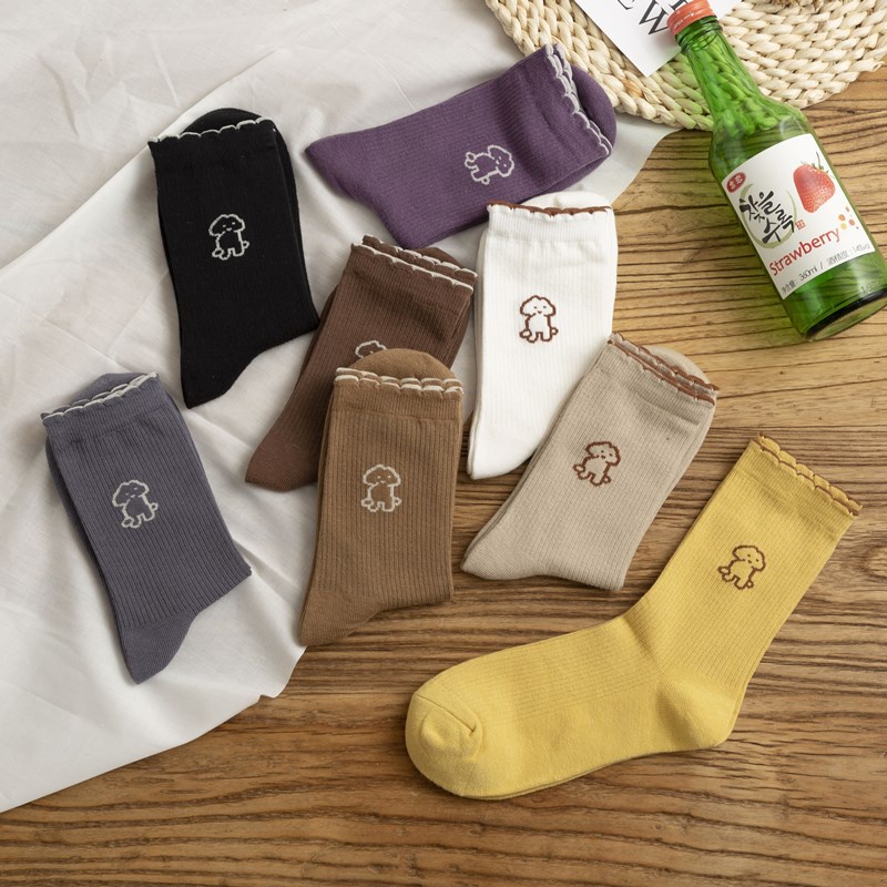 Tất nhún cổ cao nữ phong cách Hàn Quốc vớ Lolita đẹp in hình chú cún dễ thương chất cotton co giãn thấm hút HANASO TD032