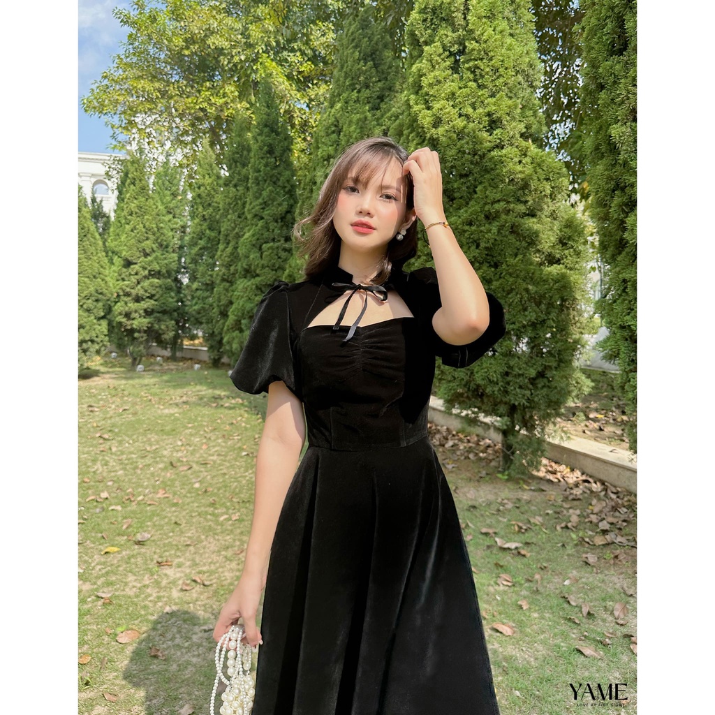 Váy nhung tay bồng 2 lớp dày dặn dự tiệc YV126 Ruby ĐỎ YAME