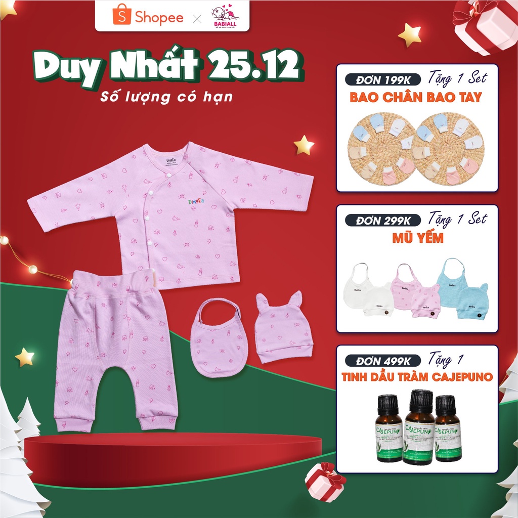 Bộ quần áo sơ sinh dài tay DINOFA cúc chéo bình sữa, set 4 món trẻ em giữ ấm mùa đông 0-3M B129-B130 - BABIALL