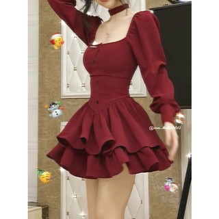 [Hàng thiết kế taobao] Đầm đỏ dài tay hai lớp chân váy thích hợp mặc tết và noel