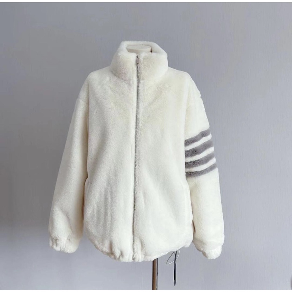 Áo Khoác Lông Thome Mượt Dày Dặn Cao Cấp ,Áo Khoác Lông Cừu Phối 4 Sọc Tay Fom Dáng Unisex Nam Nữ