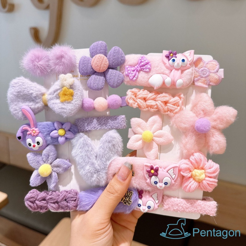 Set 10 Kẹp Tóc Vải Lông Đính Nơ Hoa Dễ Thương Cho Bé Gái