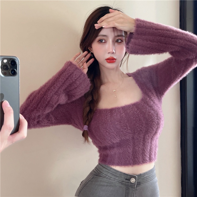 QADCOL Áo sweater Lông Chồn Cổ Vuông Thấp Mềm Mại Dày Dặn Thời Trang Thu Đông Cho Nữ