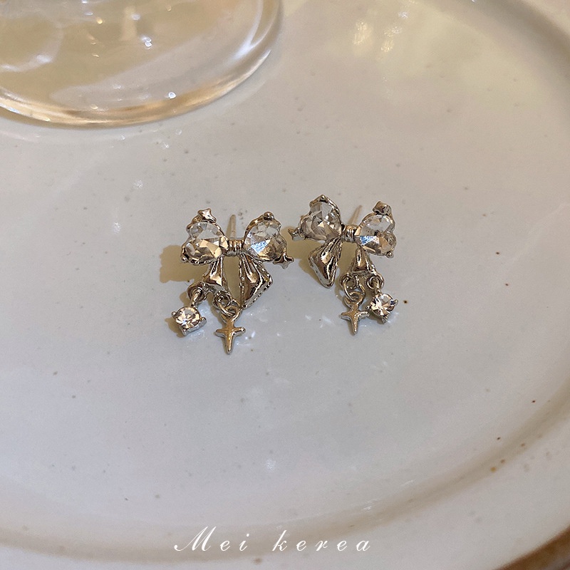 Bông Tai Mạ Bạc Hình Nơ Đính Kim Cương Giả Phong Cách Nhật Hàn