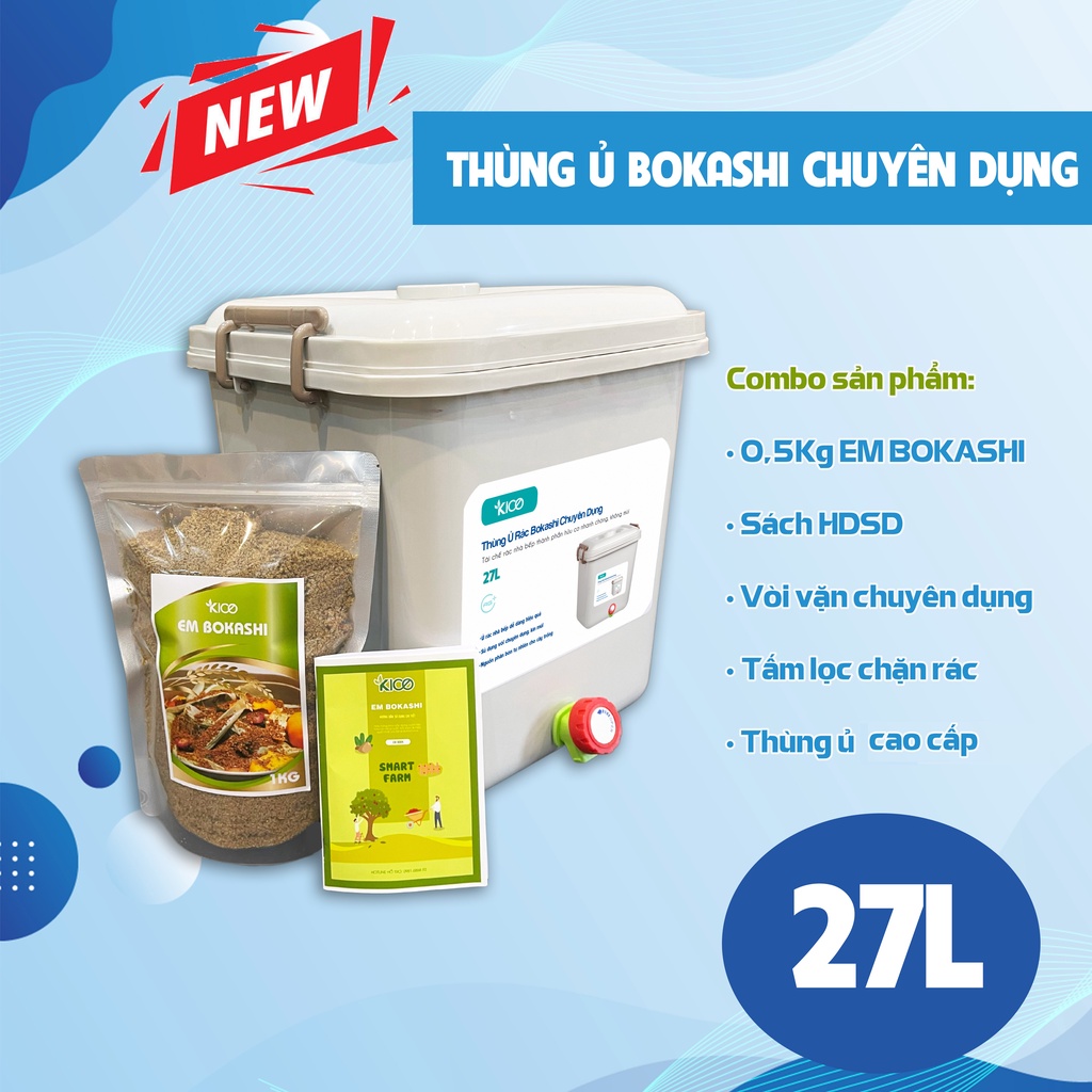 Thùng Ủ Rác Hữu Cơ BOKASHI 27L - Tặng 0,5Kg men EM Bokashi Kico