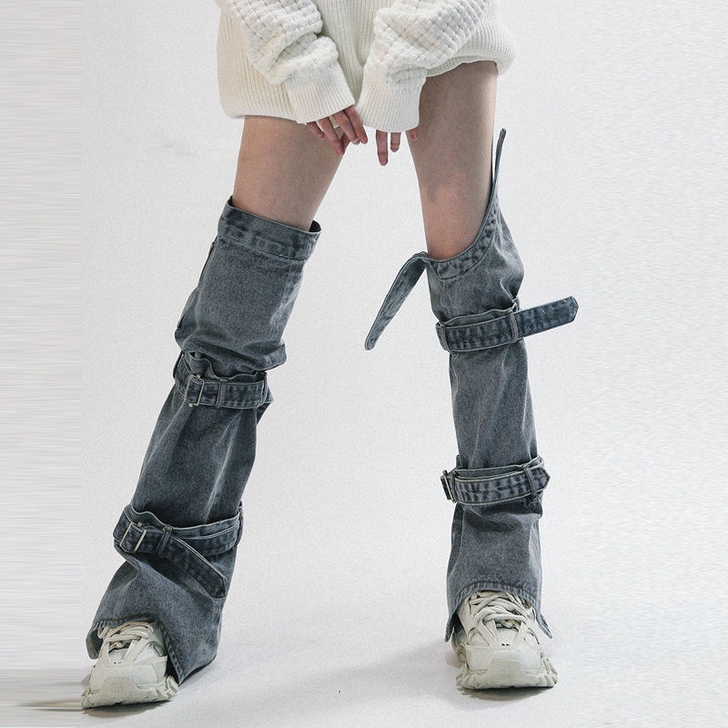 Vỏ Bọc Chân Giày Bốt Denim Phối Dây Cột Dễ Giặt Thiết Kế Văn Hóa Châu Á Ngọt Ngào ins Cho Nữ