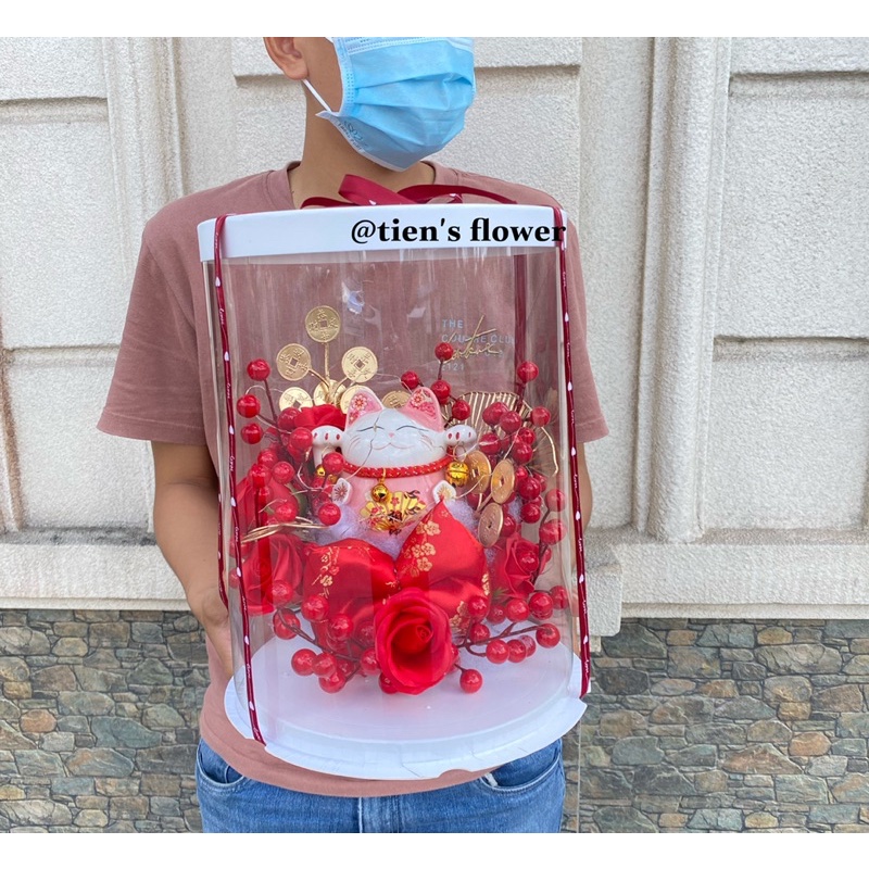 Hộp hoa đông đào mèo thần tài Maneki Neko
