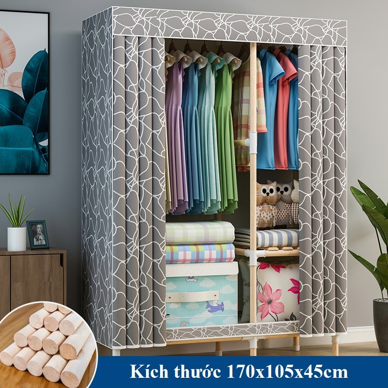Tủ vải khung gỗ 2 buồng Cực Tiện Lợi có bảo hành để quần áo