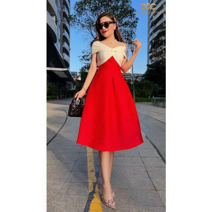 (Sale FreeShip) Đầm thiết kế đi tiệc dáng dài,đầm tapta trễ vai phối màu xinh xĩu,2 màu đỏ vàng tôn da