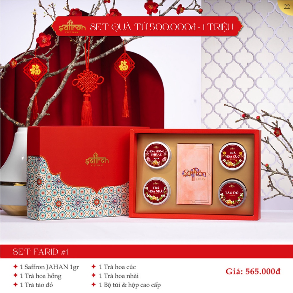 Bộ quà Tết 2023 Nhụy hoa nghệ tây Saffron với Trà hoa Cao Cấp Saffron Việt Nam
