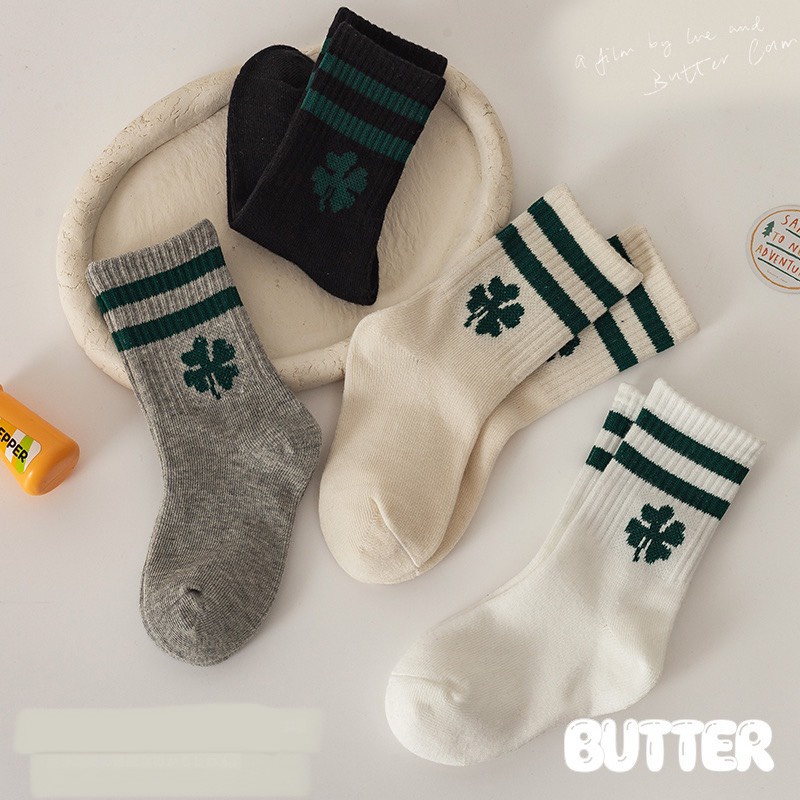 Set 4 đôi Tất cao cổ Cho Bé Trai Bé Gái kẻ sọc hình cỏ 4 lá Siêu Đẹp Siêu Đáng Yêu Cho Bé
