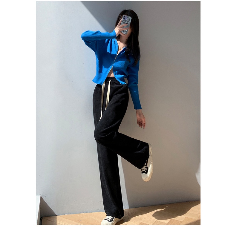 Quần nhung dài Ống rộng nữ Dây rút Lưng cao Hack dáng Hàn Quốc Quần nhung Be Cạp cao Ống rộng Thời trang Tôn dáng