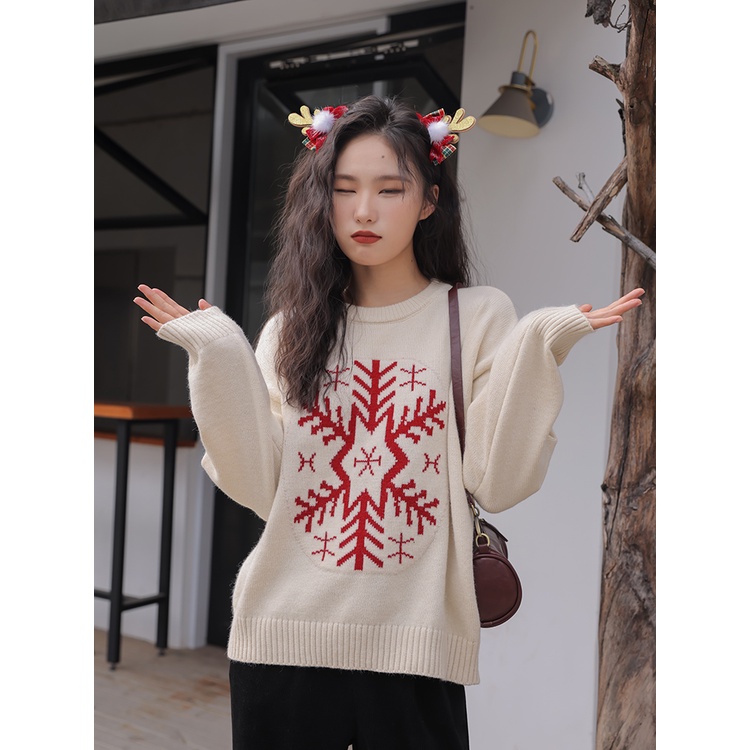 ZHELIHANGFEI Năm mới giáng sinh màu đỏ áo len tròn cổ tròn dài tay áo rộng rãi đa năng áo sơ mi dệt kim đa năng